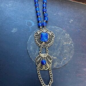 Vintage antique ! Lapis lazul Blue Beaded Filigree Pendant bracelet over finger